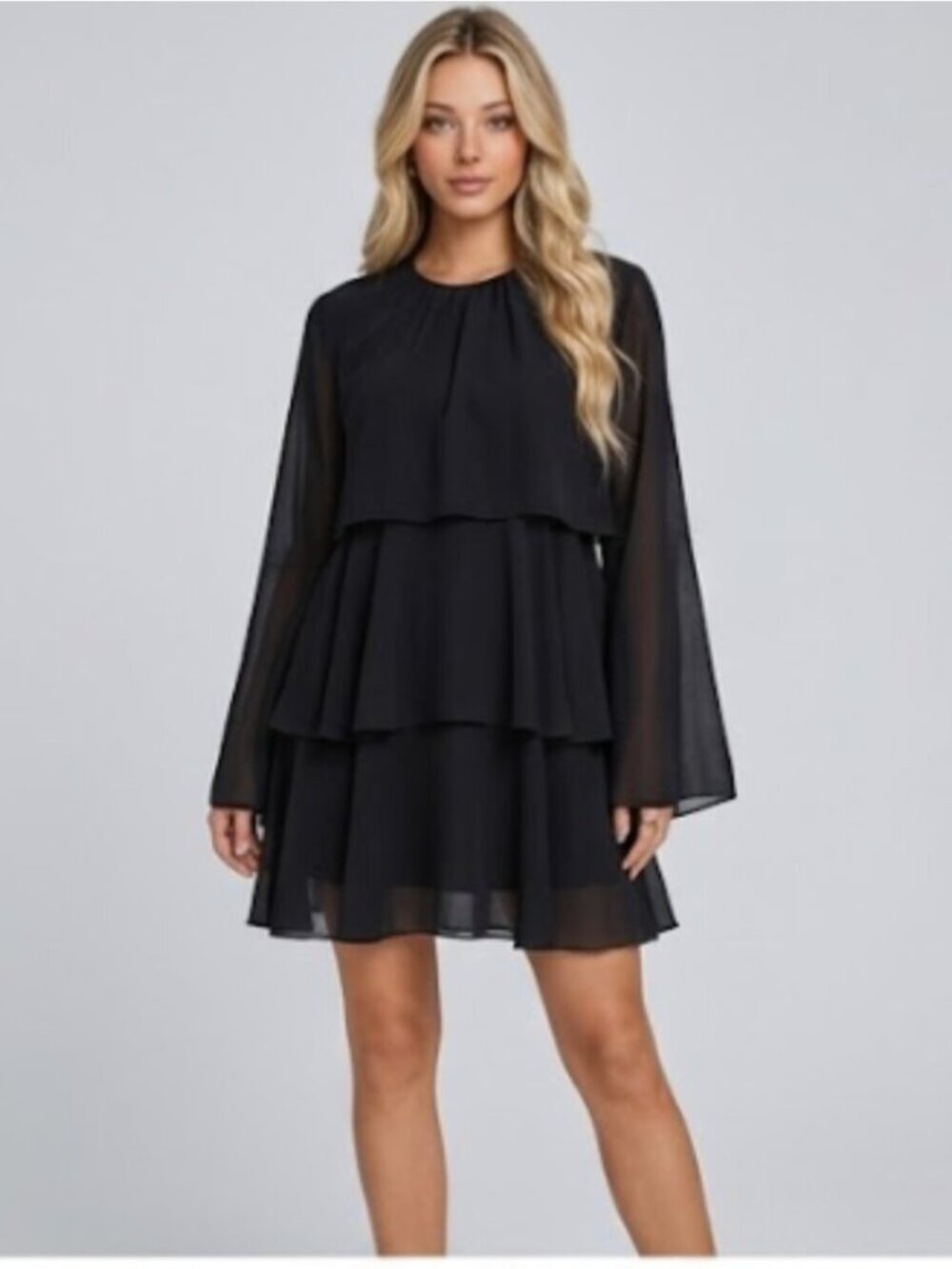 Black Tiered Ruffle Chiffon Mini Dress | Long Bell Flare Sleeve Shift Dress